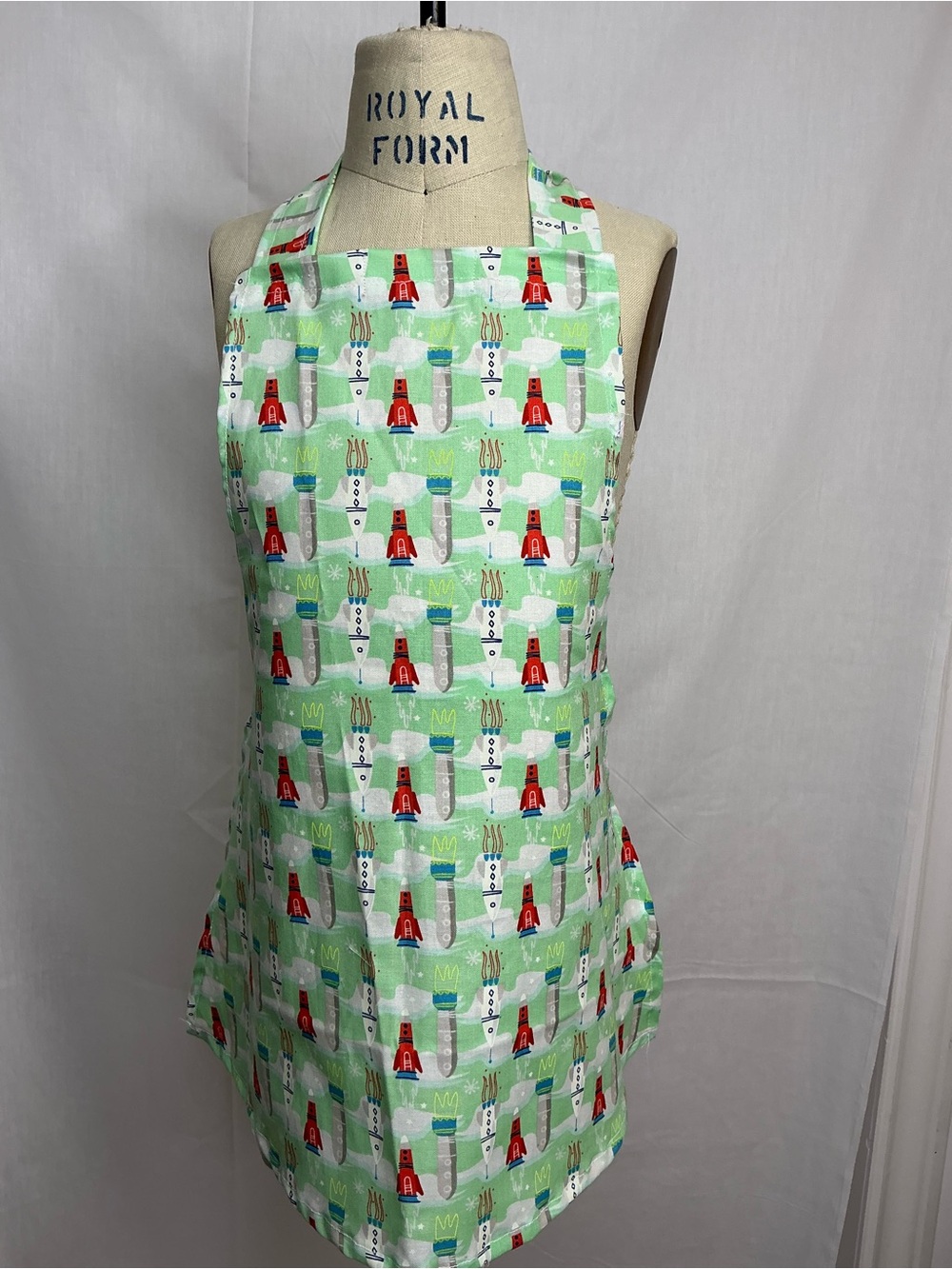 2096 - Green Utensil-Print Kitchen Apron with Neck and Waist Ties